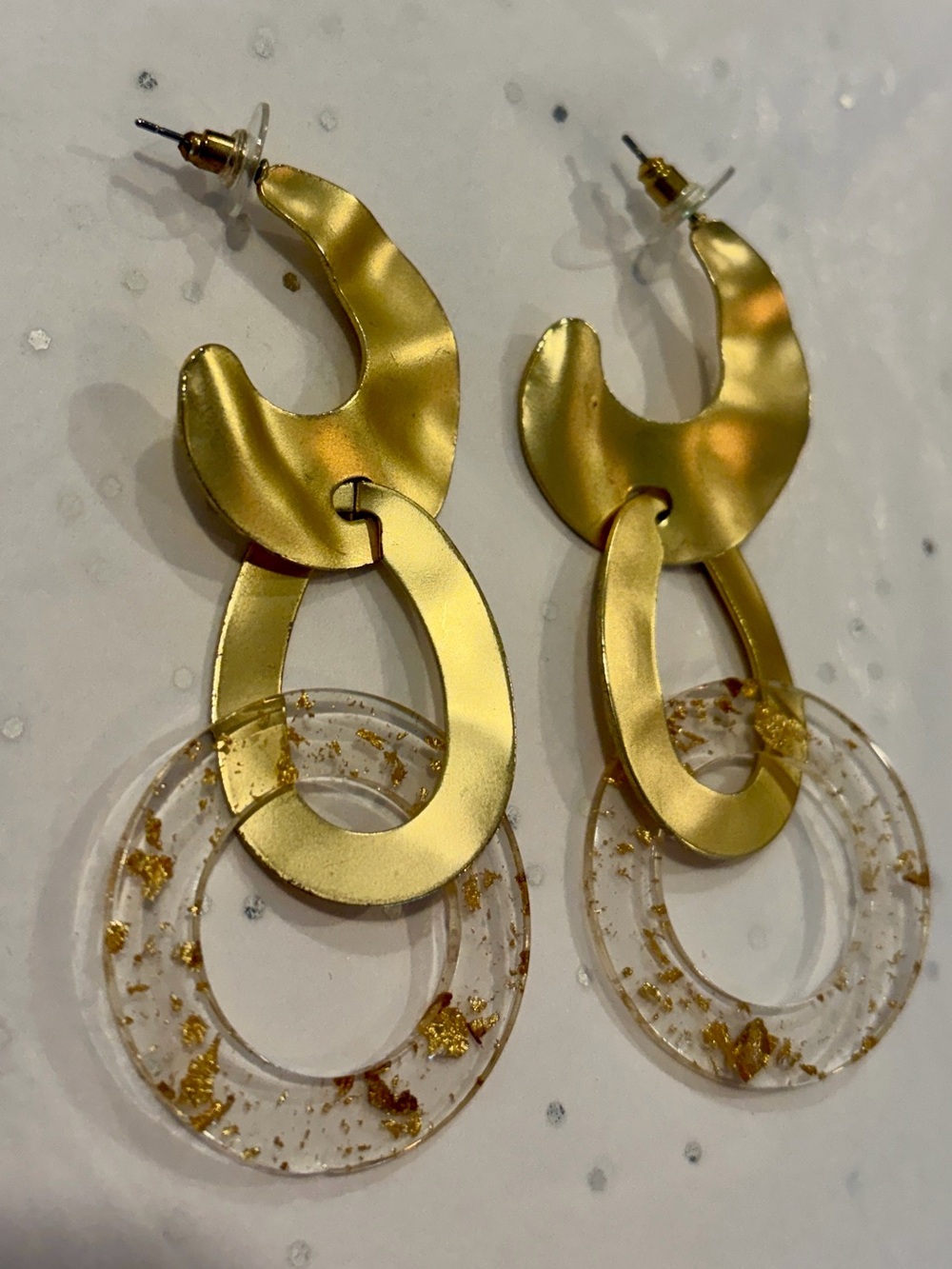 Gold Link Drop Earrings with Clear Gold-Fleck Hoops - Picture 2 of 4